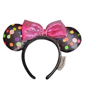 Disney Parks Minnie Mouse Sequin Ears Headband multi-colored polka dots pink bow